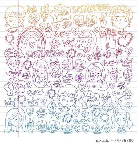 Woman international day 8 march. Girl Power. Feminism concept. Vector pattern. Sticker, patch graphic design. 74776780