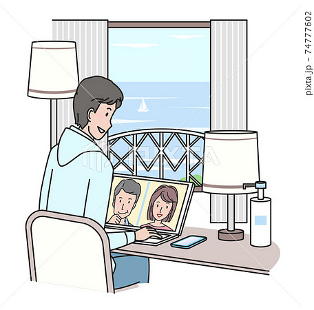 ホテルの部屋でワーケーションをする若い男性 リモート会議 のイラスト素材