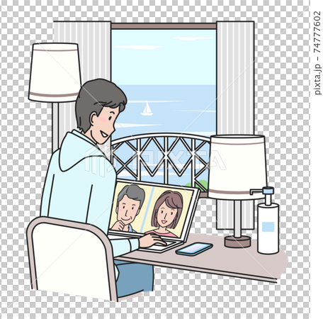 Young man worcation in a hotel room (remote meeting) 74777602