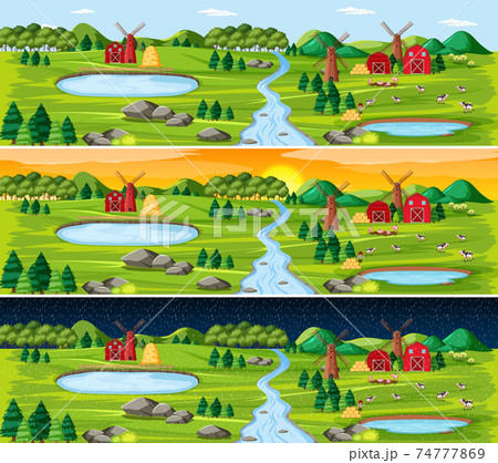 Set of countryside landscape in different time in a day 74777869