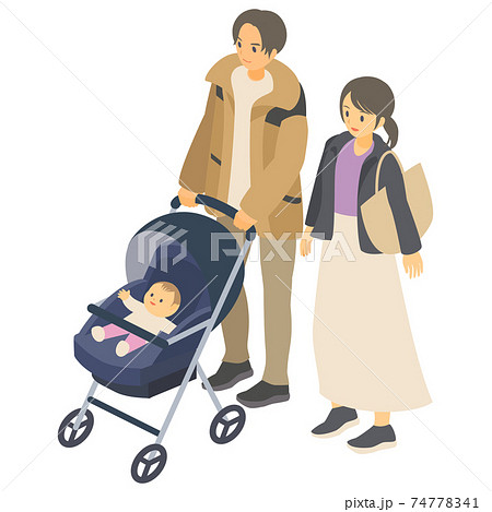 ベビーカーを押す男性と女性と笑顔の赤ちゃんの家族のベクターイラスト 若い夫婦 アイソメトリック のイラスト素材