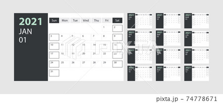 Calendar 2021 week start Sunday corporate design planner template with green theme 74778671
