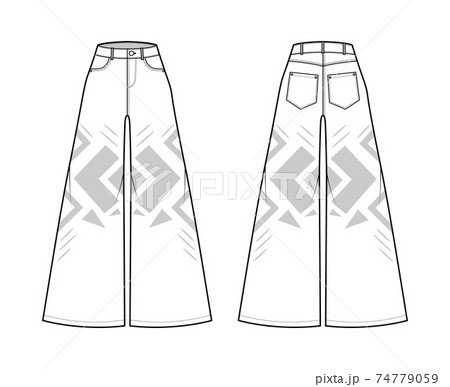 Phat Pants Denim Jeans technical fashion illustration with full length, normal waist, high rise, 5 pockets, Rivets 74779059