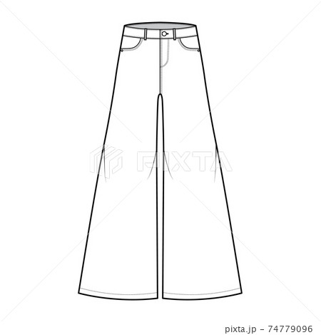 Jeans Baggy wide Pants Denim technical fashion illustration with full length, low waist, 5 pockets, Rivets, belt loops 74779096