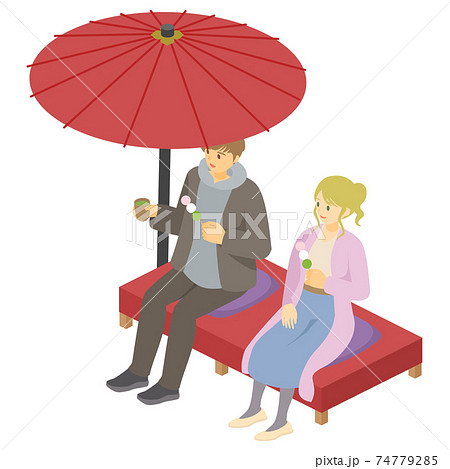 ベンチに座ってお団子を食べるカップルのベクターイラスト アイソメトリック アイソメ のイラスト素材