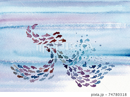 水の中の魚の群れの水彩イラストのイラスト素材