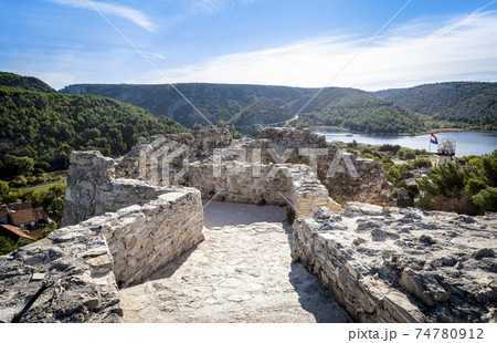 On top of the old fortress towering over the town of Skradin, Croatia 74780912