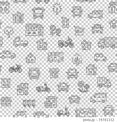 家と車と二輪車と植物のシームレスパターン(破線) 家と車と二輪車と植物のシームレスパターン(破線) 74781152
