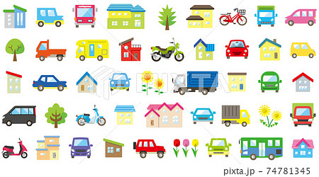 家と車と二輪車と植物のアイコンセット(カラー) 74781345