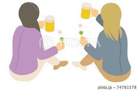 座りながらビールで乾杯する若い女性の後ろ姿のベクターイラスト アイソメトリック アイソメ のイラスト素材