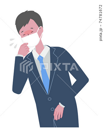 くしゃみをする　マスクを着けたスーツの男性 74781672