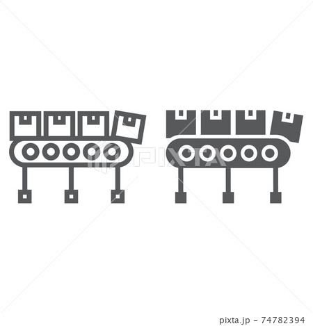 Conveyor belt with cardboard boxes line and glyph icon, logistic and delivery, factory conveyor sign vector graphics, a linear icon on a white background, eps 10. Conveyor belt with cardboard boxes line and glyph icon, logistic and delivery, factory conveyor sign vector graphics, a linear icon on a white background, eps 10. 74782394