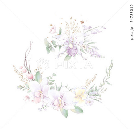 Gold geometric frame with orchids. Watercolor illustration Gold geometric frame with orchids. Watercolor illustration 74783019