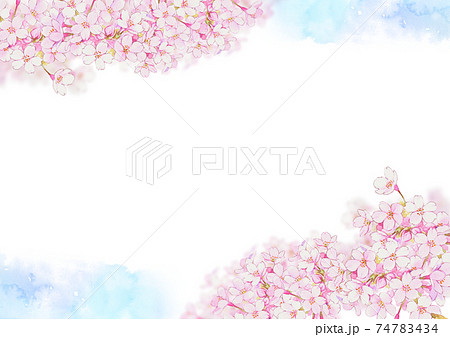 透明感のある水彩の青空と満開桜（横） 74783434