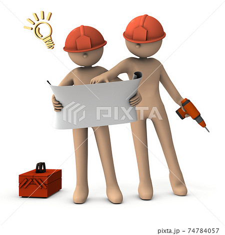 図面を見ながら問題を解決するエンジニア達。3Dレンダリング。 74784057
