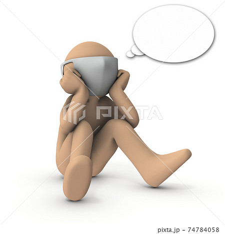 マスク着用。座って独り言をつぶやくキャラクター。3Dレンダリング。白バック。 マスク着用。座って独り言をつぶやくキャラクター。3Dレンダリング。白バック。 74784058