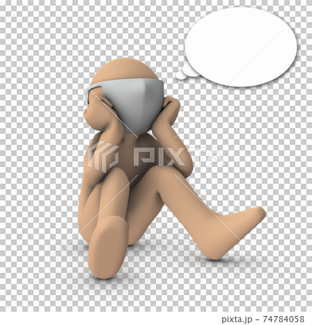マスク着用。座って独り言をつぶやくキャラクター。3Dレンダリング。白バック。 マスク着用。座って独り言をつぶやくキャラクター。3Dレンダリング。白バック。 74784058