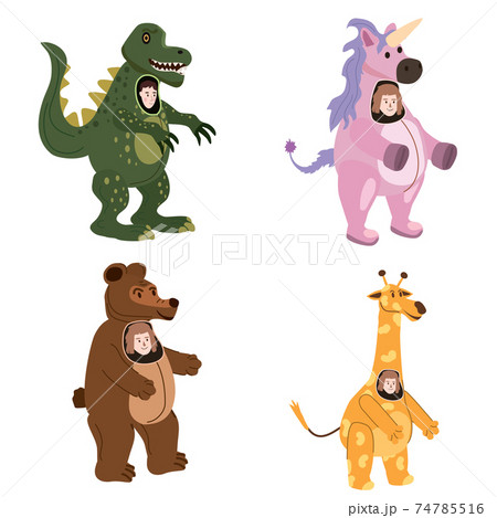 Set Actors in animal Bear, Giraffe, Dinosaur, Unicorn costume. Theme party, Birthday kid, children animator, entertainer wearing performer character for holiday masquerade, carnival. Vector cartoon Set Actors in animal Bear, Giraffe, Dinosaur, Unicorn costume. Theme party, Birthday kid, children animator, entertainer wearing performer character for holiday masquerade, carnival. Vector cartoon 74785516