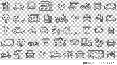 家と車と二輪車と植物のアイコンセット ぬりえ用拡張前の線のみ のイラスト素材