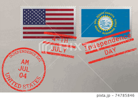 Postage stamp envelope with South Dakota and USA flag and 4-th July stamps, vector. Postage stamp envelope with South Dakota and USA flag and 4-th July stamps, vector. 74785846