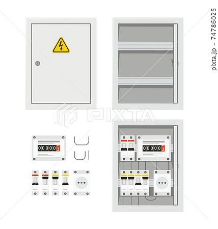Electrical power switch panel with open and close door. Fuse box. Isolated vector illustration in flat style 74786025