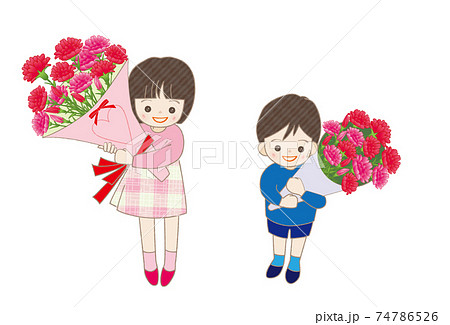 カーネーションの花束を持つ男の子と女の子 母の日のイラスト素材