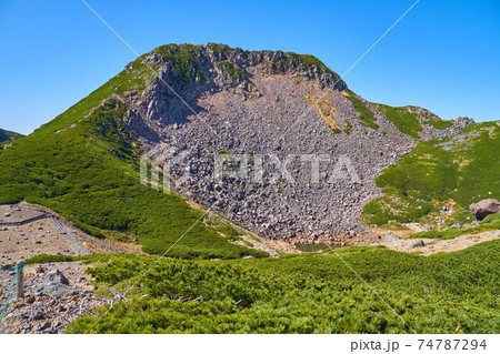 岐阜県(長野県)乗鞍岳のバスターミナル付近の魔王岳登山口から恵比寿岳の斜面と亀ヶ池を見る 74787294
