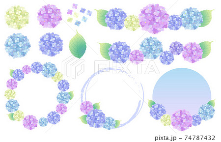 6月の梅雨の時期の紫陽花のベクターイラスト素材とフレームセット 罫線 ラインのイラスト素材