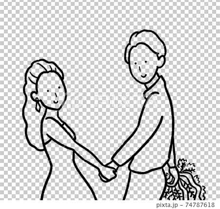 結婚するカップルのイラスト 線画のイラスト素材