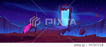 Knight and magic portal in stone frame at night 74787718