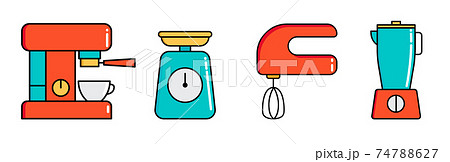 Kitchen appliances icon set. Coffee machine, mixer blender and scales for web applications and mobile concepts. Vector illustration 74788627