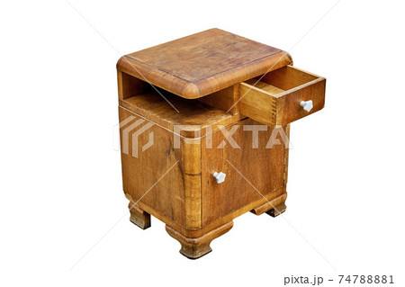 Old bedside table in mid-century style isolated on white background. Bedroom furniture 74788881