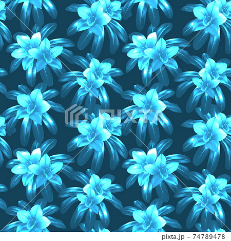 Blue and white tropical flowers silhouettes vector seamless pattern 74789478
