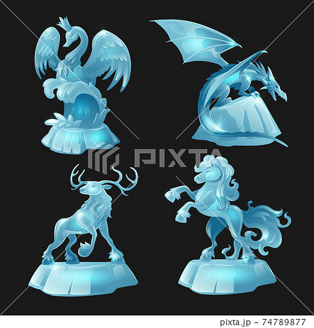 Ice sculptures of horse, dragon, swan and deer 74789877