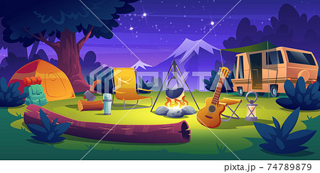 Summer camp at night time. Rv caravan at campfire 74789879