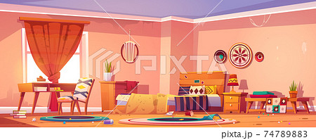Messy bedroom in boho style with bed and trash Messy bedroom in boho style with bed and trash 74789883