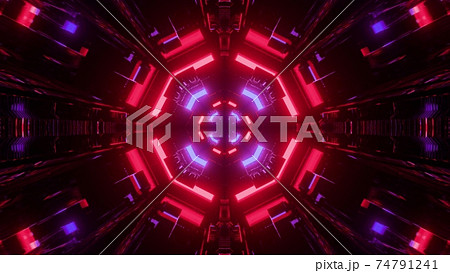 3D illustration of symmetric geometric lights in dark tunnel 74791241