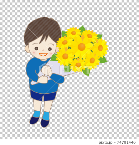 ひまわりの花束を持つ男の子 父の日のイラスト素材