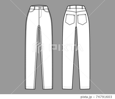 Skinny Jeans Denim pants technical fashion illustration with full length, normal waist, high rise, 5 pockets, Rivets 74791603