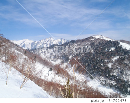 雪に覆われた山と森をスキー場から眺める (川場スキー場、群馬県) 74792473