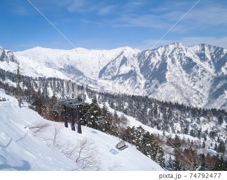 雪に覆われた山と森をスキー場から眺める (川場スキー場、群馬県) 74792477
