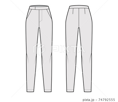 Pants cigarette technical fashion illustration with extended normal low waist, high rise, full length, slant pockets Pants cigarette technical fashion illustration with extended normal low waist, high rise, full length, slant pockets 74792555