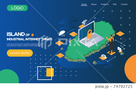 Industrial internet of things landing page template with opened laptop and closed padlock symbol Industrial internet of things landing page template with opened laptop and closed padlock symbol 74792725