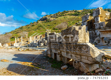 Ruins of central street of Curetes in Ephesus, Selcuk, Turkey 74793203