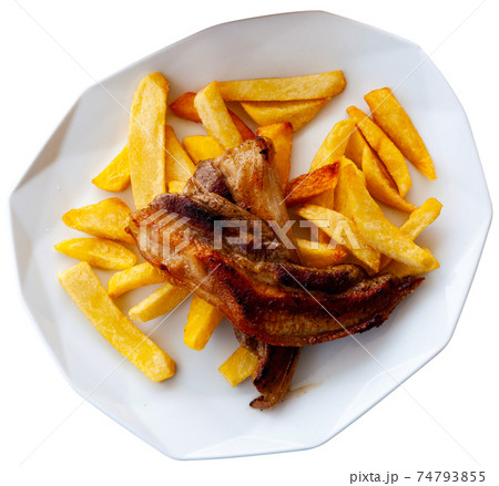 Fried pork belly with potato, homemade dinner 74793855