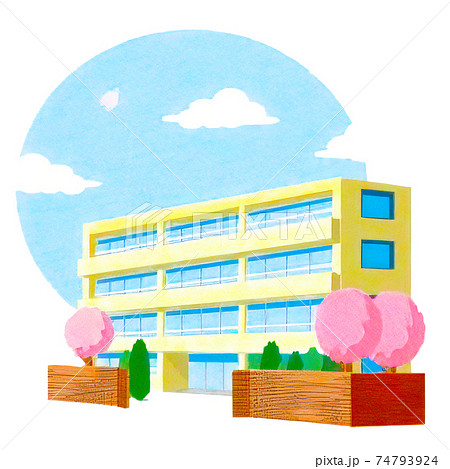 シンプルで明るい建物と風景のイラストのイラスト素材