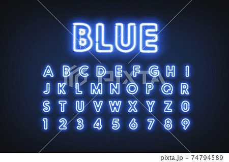 Blue neon capital letters and numbers, helium lighting font 74794589