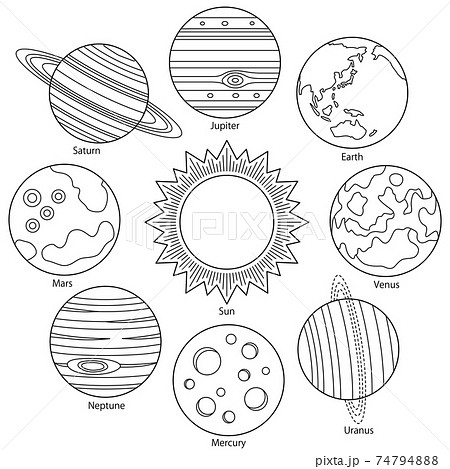 太陽系惑星 アウトライン 太陽と水金地火木土天海のイラスト素材