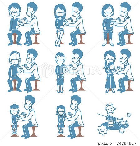 病院で男性の先生のワクチン(予防接種)を受けるマスクをした人のイラストセット 病院で男性の先生のワクチン(予防接種)を受けるマスクをした人のイラストセット 74794927