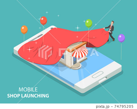Mobile store app launching flat isometric vector concept 74795205